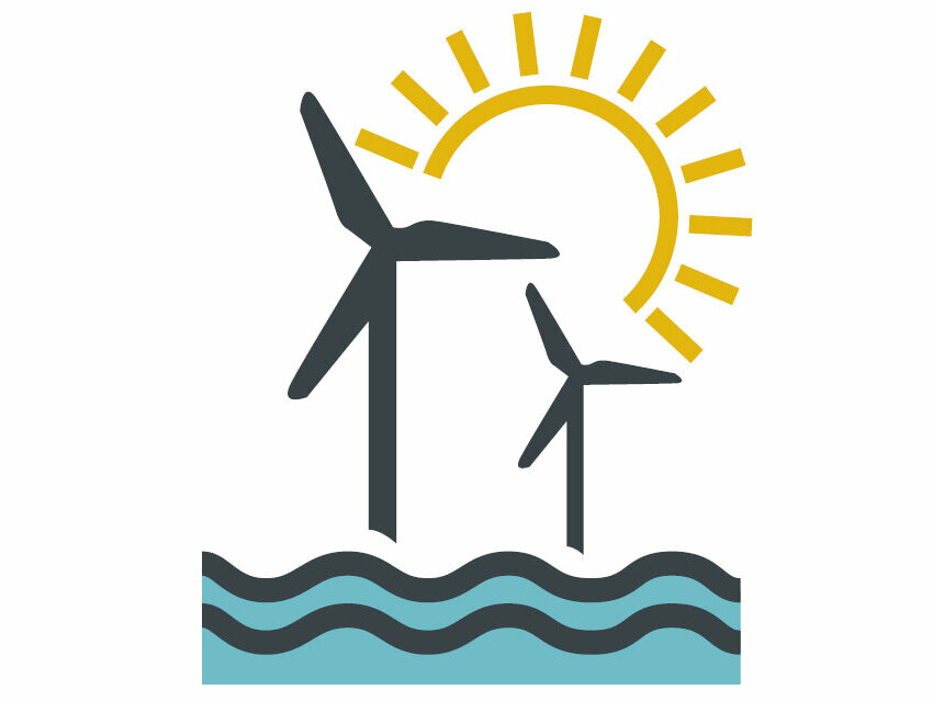 Stiliserad bild med vindkraftverk, sol och vatten för att symbolisera förnybar energi