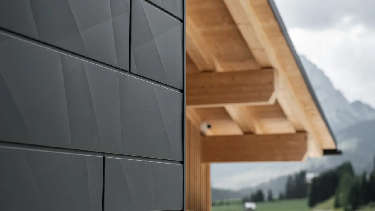Närbild av Siding.X fasadpanelerna i P.10 svart från PREFA på Casa Hoffe i Sappada, Italien. Fasadsystemet i aluminium är omsorgsfullt monterat i en modern, abstrakt design som bildar en attraktiv kontrast till de synliga träelementen i takstolen. Den innovativa fasadlösningen smälter sömlöst in i den alpina atmosfären och illustrerar kombinationen av funktionalitet, hållbarhet och estetisk byggnadskultur.