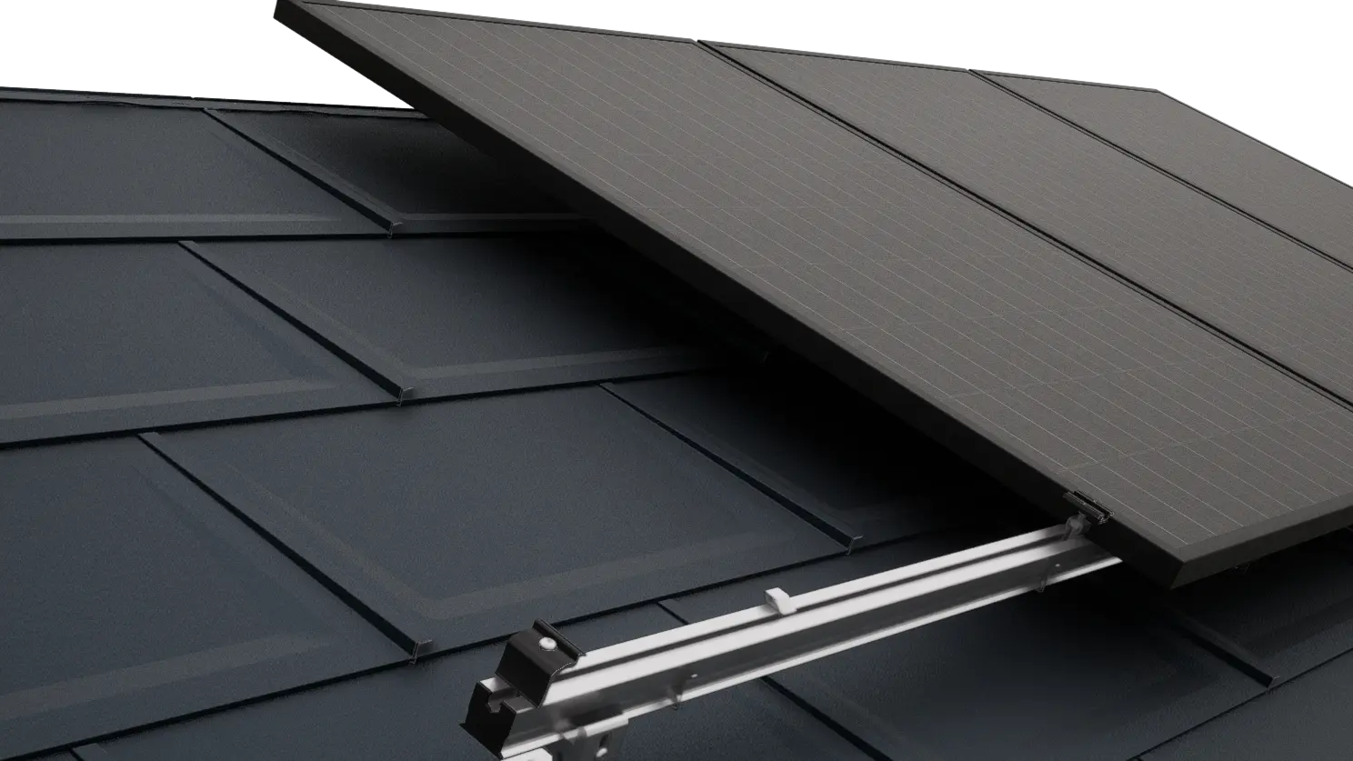 Nahaufnahme eines PREFA Daches mit PV-Modulen, welche mit dem PREVARIO Solarmontagesystem befestigt wurden.