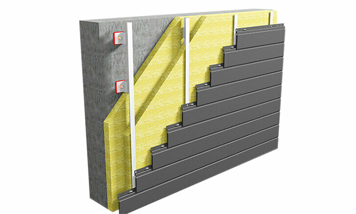Väggkonstruktion med PREFA fasadpaneler (horisontellt lagda) på en understruktur av aluminium