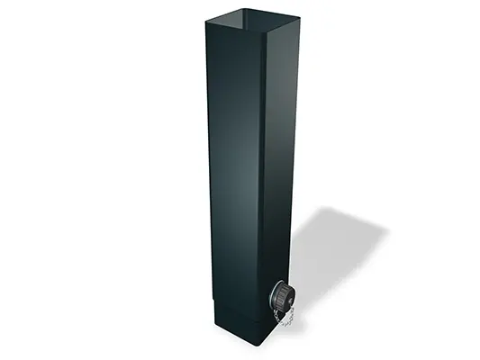 PREFA vattenuppsamlare för fyrkantiga rör, tillgänglig i storleken 100 mm, används för effektiv uppsamling av regnvatten i takavvattningssystem.