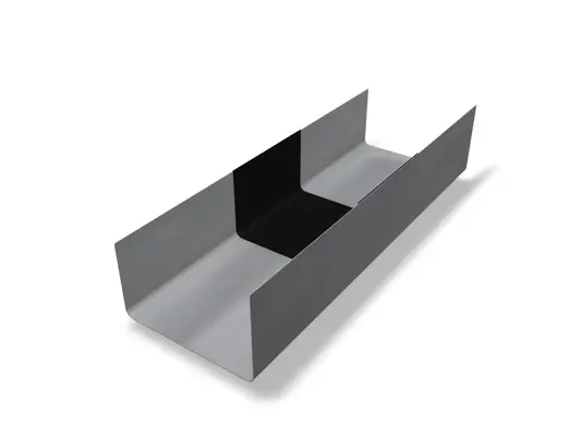 Bilden visar en grå PREFA ränna utan vulst och avskärmning i robust aluminium. Detta kopplingselement används för att förlänga rännor med perfekt passform och säkerställer en tät och tillförlitlig takavvattning. Ränna finns i storlekarna 250, 333 och 400.