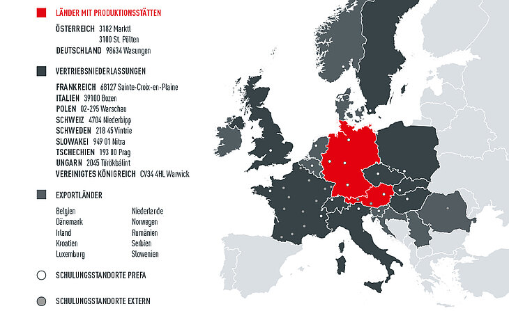 Legend: Kartan över Europa visar PREFA produktionsanläggningar, regioner, försäljningskontor och utbildningscenter