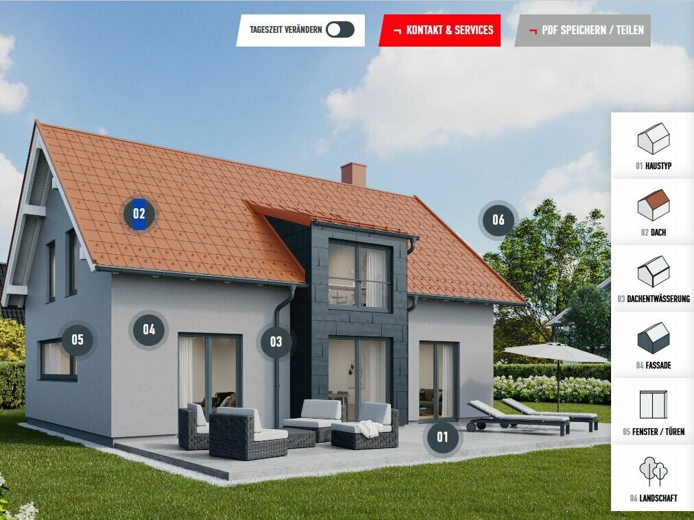 Fasadkonfigurator för fasadrenovering: Interaktiv husvy med valbara fasad-, tak- och fönsteralternativ för skräddarsydd utformning och planering av den nya fasaden.