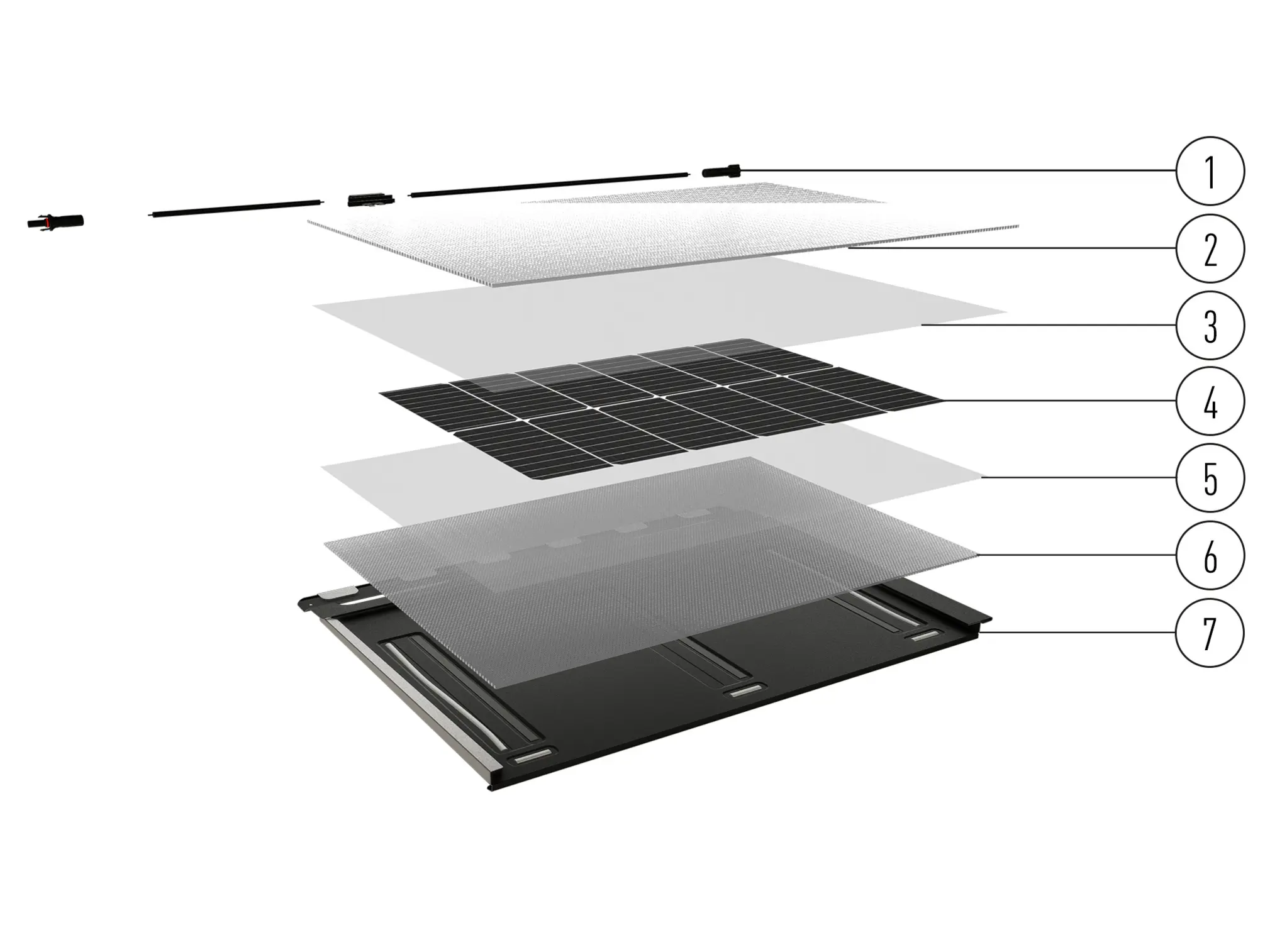 Uppbyggnaden av PREFA solpanelen i genomskärning med fotovoltaikkontakt, prismatiskt solcellsglas, inkapslingsmaterial, fotovoltaikcell, inkapslingsmaterial, baksidefilm och aluminiumtakpanelen