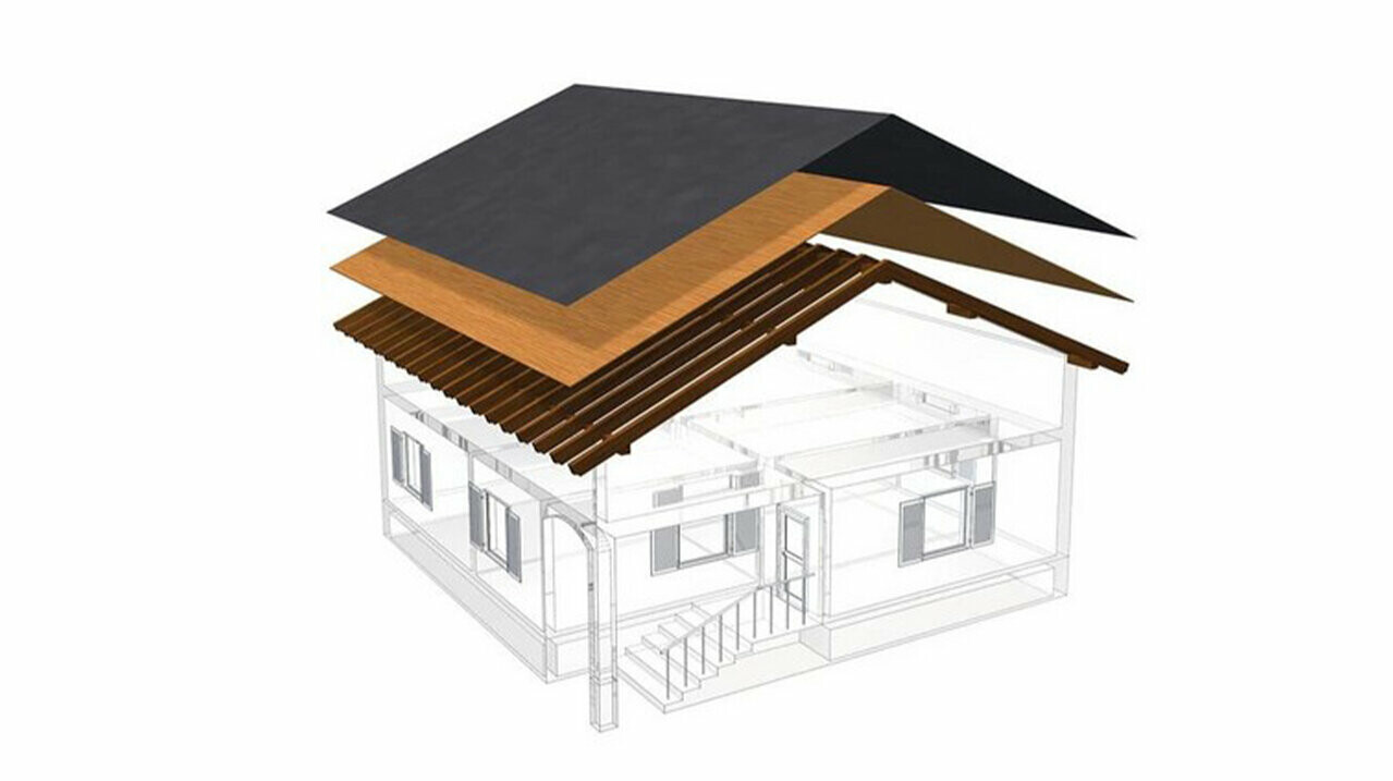PREFA teknisk ritning av en enskalig takkonstruktion - vinden kan inte användas som bostad, eftersom den fungerar som ventilationsutrymme för metalltaket; full planbeklädnad och separationslager utan läkt; varmtak