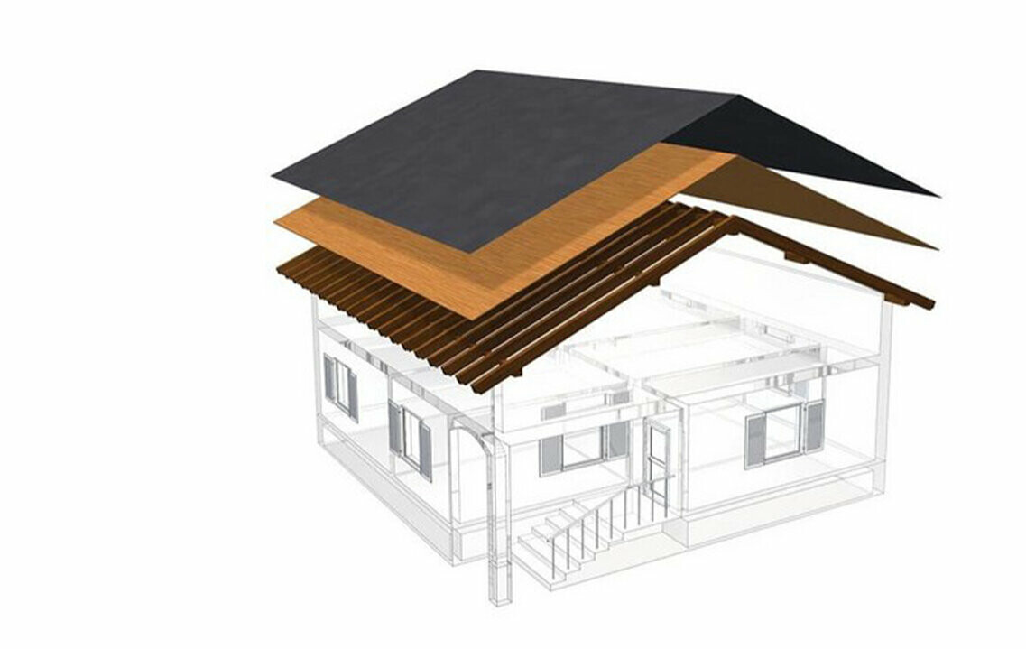PREFA teknisk ritning av en enskalig takkonstruktion - vinden kan inte användas som bostad, eftersom den fungerar som ventilationsutrymme för metalltaket; full planbeklädnad och separationslager utan läkt; varmtak
