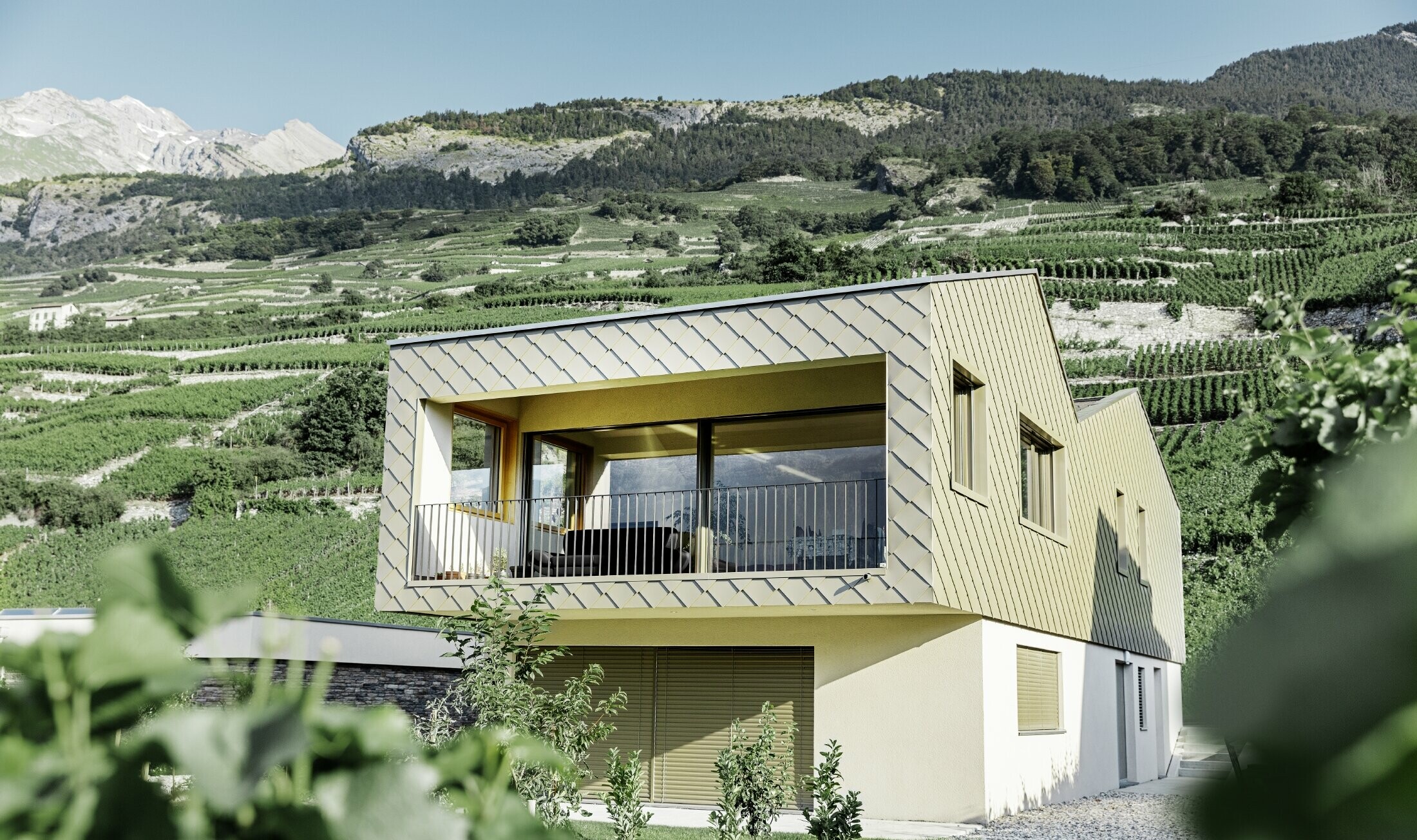 modernt enfamiljshus mitt bland vinbergen i Rhônedalen med 4 olika takytor och ett öppet galleri med en rombfasad i brons