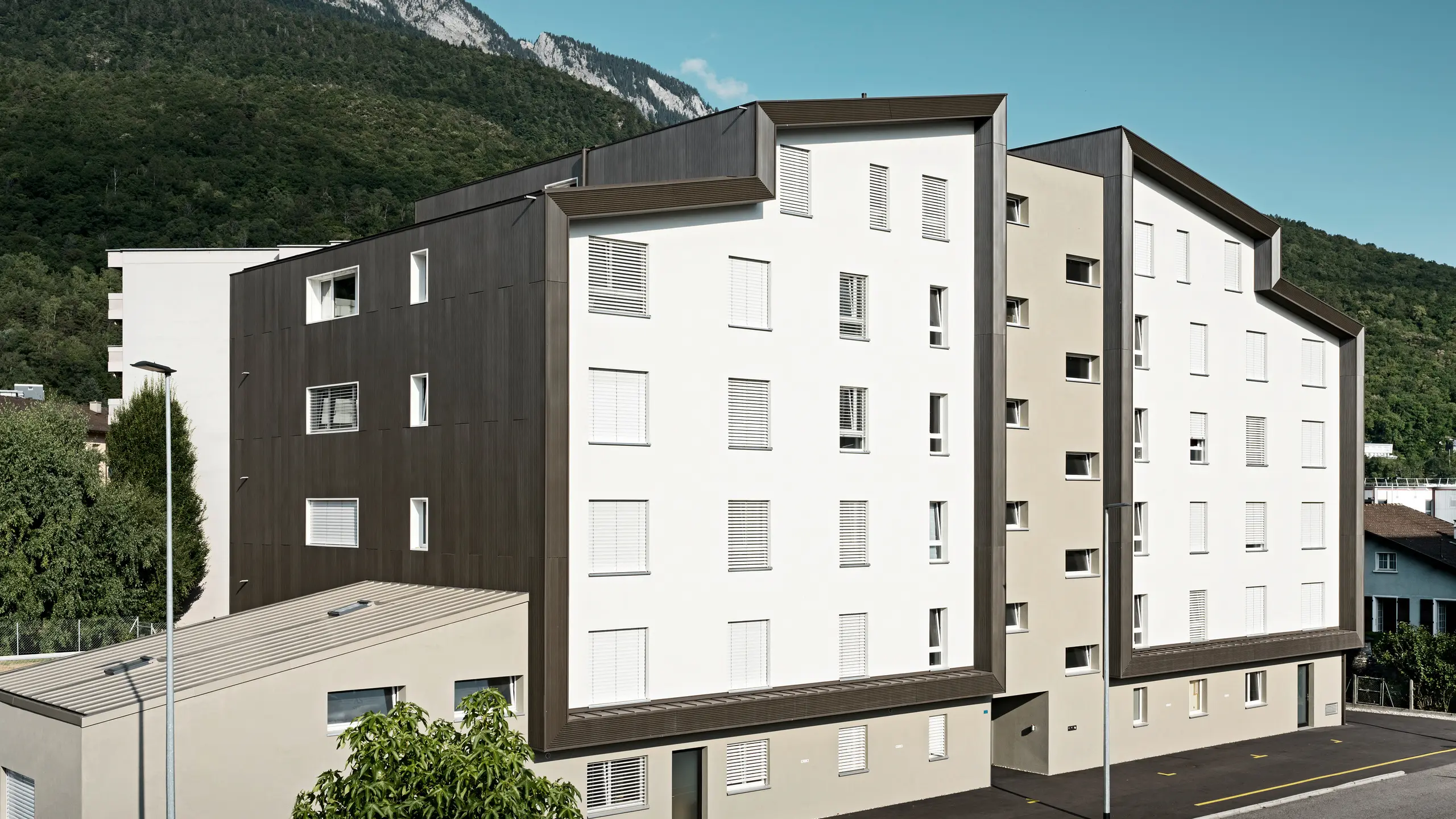 Fasaden på bostadsområdet Les Dailles har till stor del klätts med det imponerande PREFA-taket med tandprofil i brons. Taket på byggnaden har täckts med PREFALZ i brons.