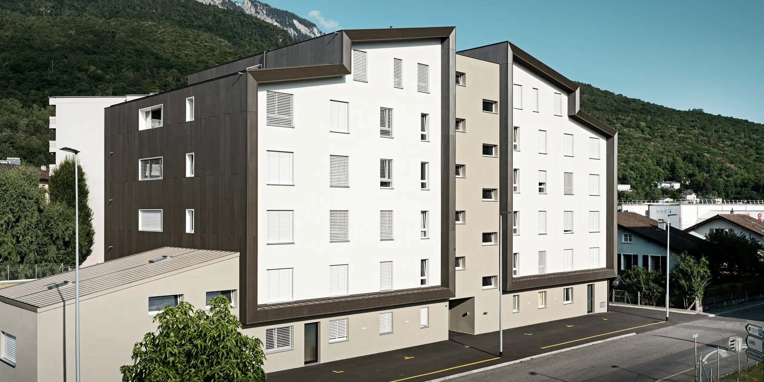 Fasaden på bostadsområdet Les Dailles har till stor del klätts med det imponerande PREFA-taket med tandprofil i brons. Taket på byggnaden har täckts med PREFALZ i brons.