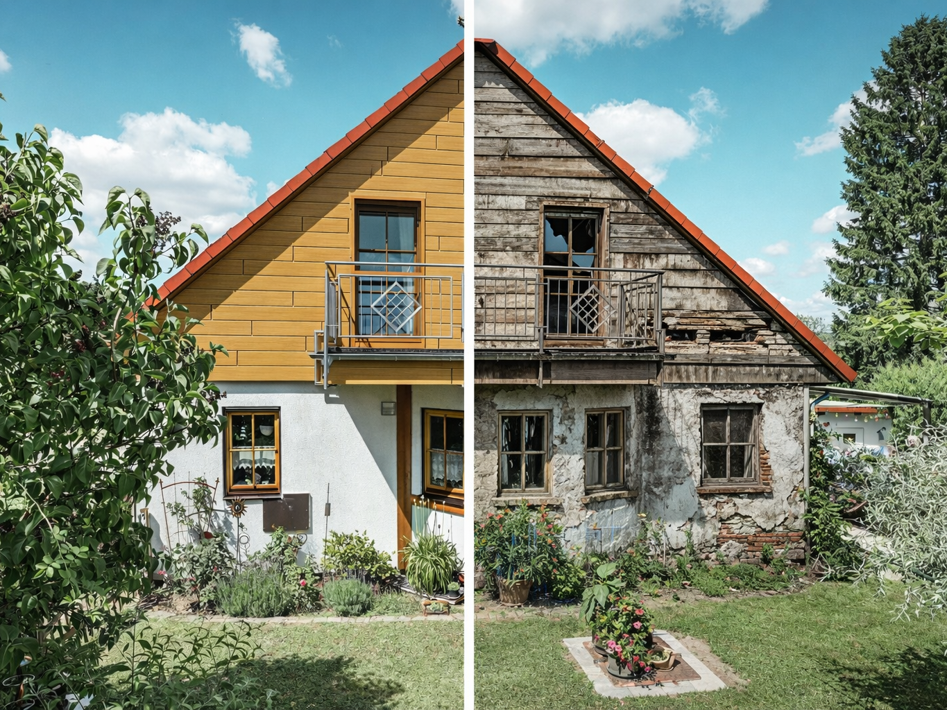 Foto som visar ett hus med två olika fasader: Den vänstra sidan visar en modern, väl underhållen fasad med en PREFA aluminiumfasad med träutseende, medan den högra sidan visar en väderbiten fasad i behov av renovering med trasiga fönster och flagnande färg. Övergången mellan de två tillstånden markeras med en tydlig skiljelinje, under en klarblå himmel.