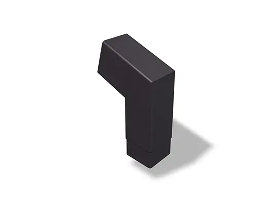 PREFA kvadratrörböj 72° (kort), tillgänglig i storlekarna 80 och 100 mm, med mått 196 x 196 mm (synlig). Denna kompakta rörböj möjliggör en precis riktningsändring vid installation av kvadratrör i tak- och fasadsystem.