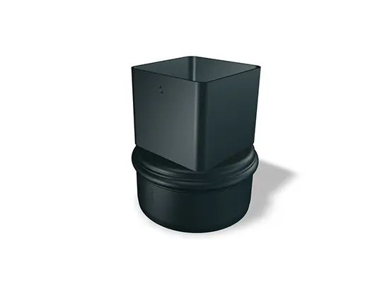 PREFA fyrkantrörsmuff 80, tillgänglig i storlekarna 80 Ø 106 mm och 80 Ø 115 mm, används för flexibel sammanfogning av fyrkantrör och säkerställer en tillförlitlig tätning i takavvattningssystem.