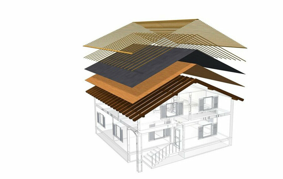 Teknisk ritning av en takkonstruktion hos ett kalltak, flerskalig takkonstruktion med ströläkt, full planbeklädnad, separationslager, takstol; vinden kan användas som bostad; tvåskalig takkonstruktion, ventilerad takkonstruktion; ströläkt