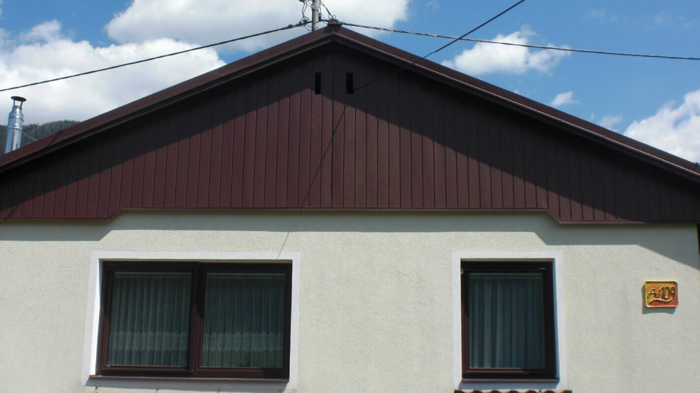 Fasadrenovering av gaveln med PREFA sidings i brunt, ljusgrön fasad