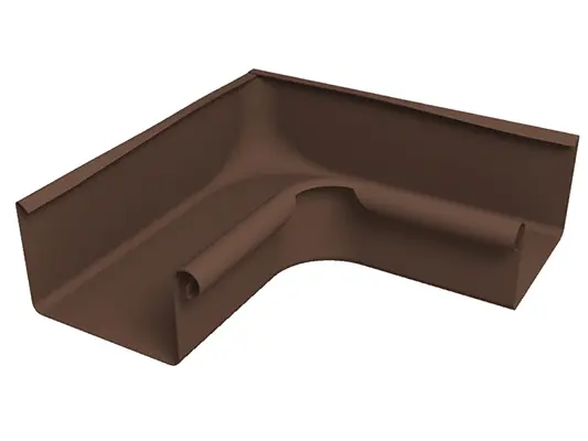 Bilden visar en brun PREFA ränngavel 90° invändig i robust aluminium. Detta hållbara tillbehör till takrännor möjliggör en ren och tät anslutning av rännor i invändiga hörn och bidrar till en tillförlitlig takavvattning. Den invändiga vinkeln finns i ränngodsmåtten 250, 333, 400 och 500.