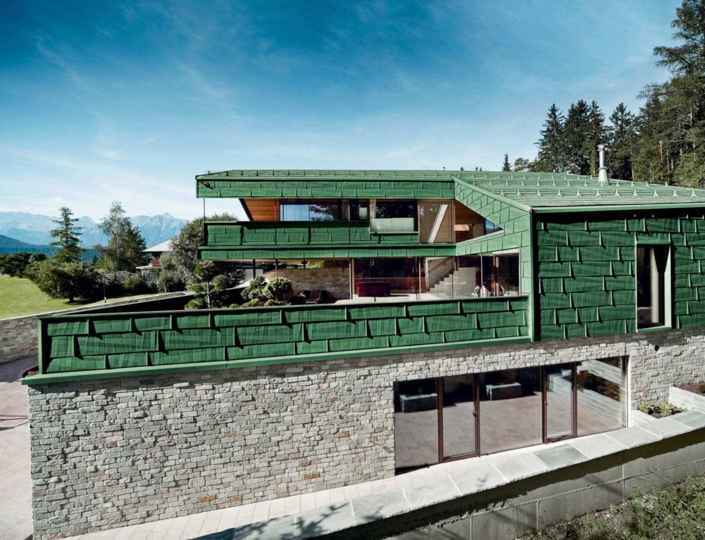 Referensobjekt PREFA Fasadsystem Fasadpanel FX.12 06 P.10 mossgrön